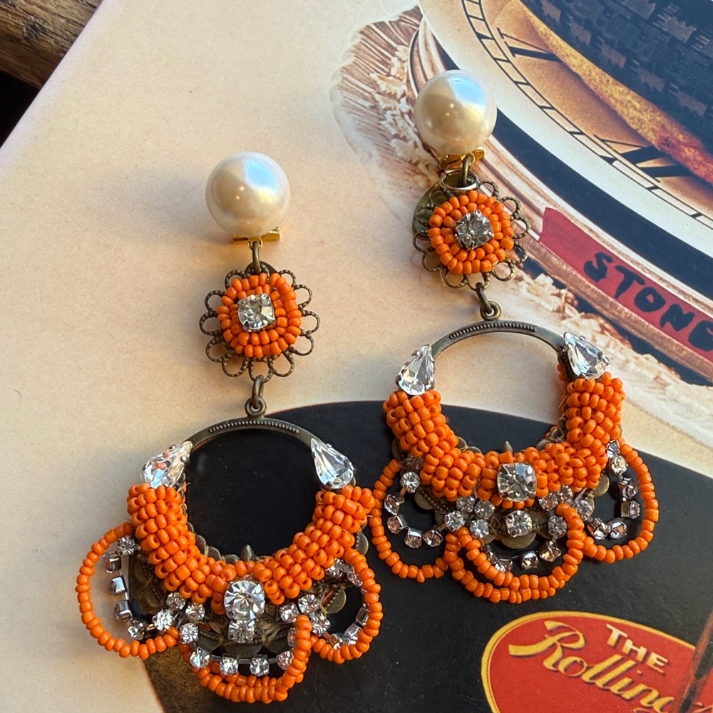 Anthropologie Beaded Rhinestone Orange Chandelier statement earrings by Rada